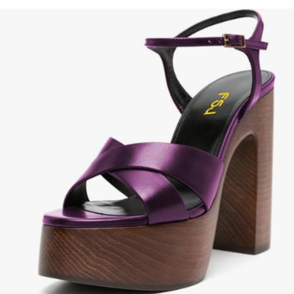 FSJ Purple Block Heel Platform Open Toe Ankle Strap Buckle Wooden Heel Sandals